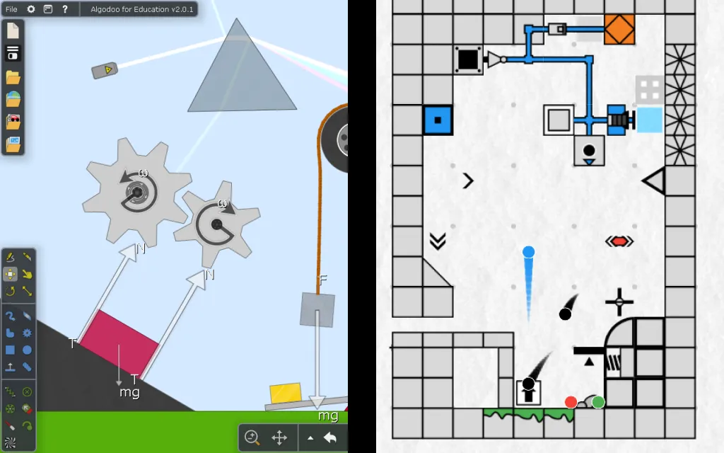 A side-by-side visual comparison showing Algodoo's free-form drawn shapes next to the clean, structured layout of the marblebuilds snap-to-grid interface.