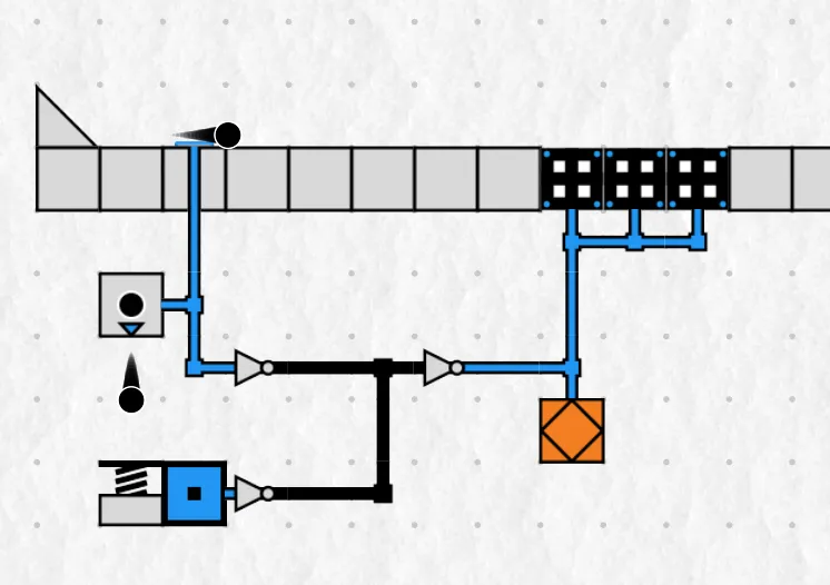 A close-up of a marblebuilds circuit loop featuring wires, an AND gate, and a button being triggered by a marble.